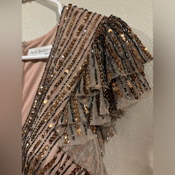 Mac Duggal 5502 Copper Sequined Wrap Over Flutter Cap Sleeve Gown Sz 12 $698 - Picture 5 of 12